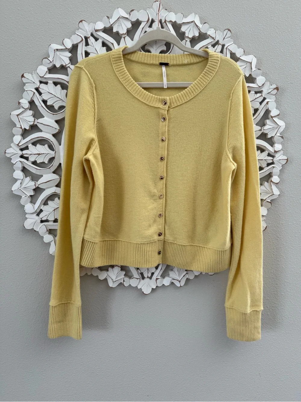 Free People Butter Yellow Wool Cardigan, Nocturnal Cardi Sweater, Large